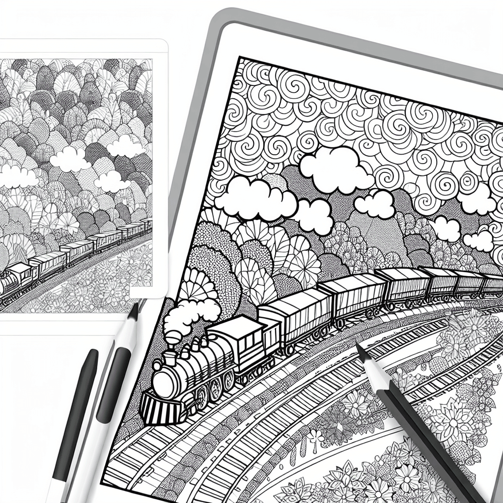 Bunter Güterzug durch die Landschaft