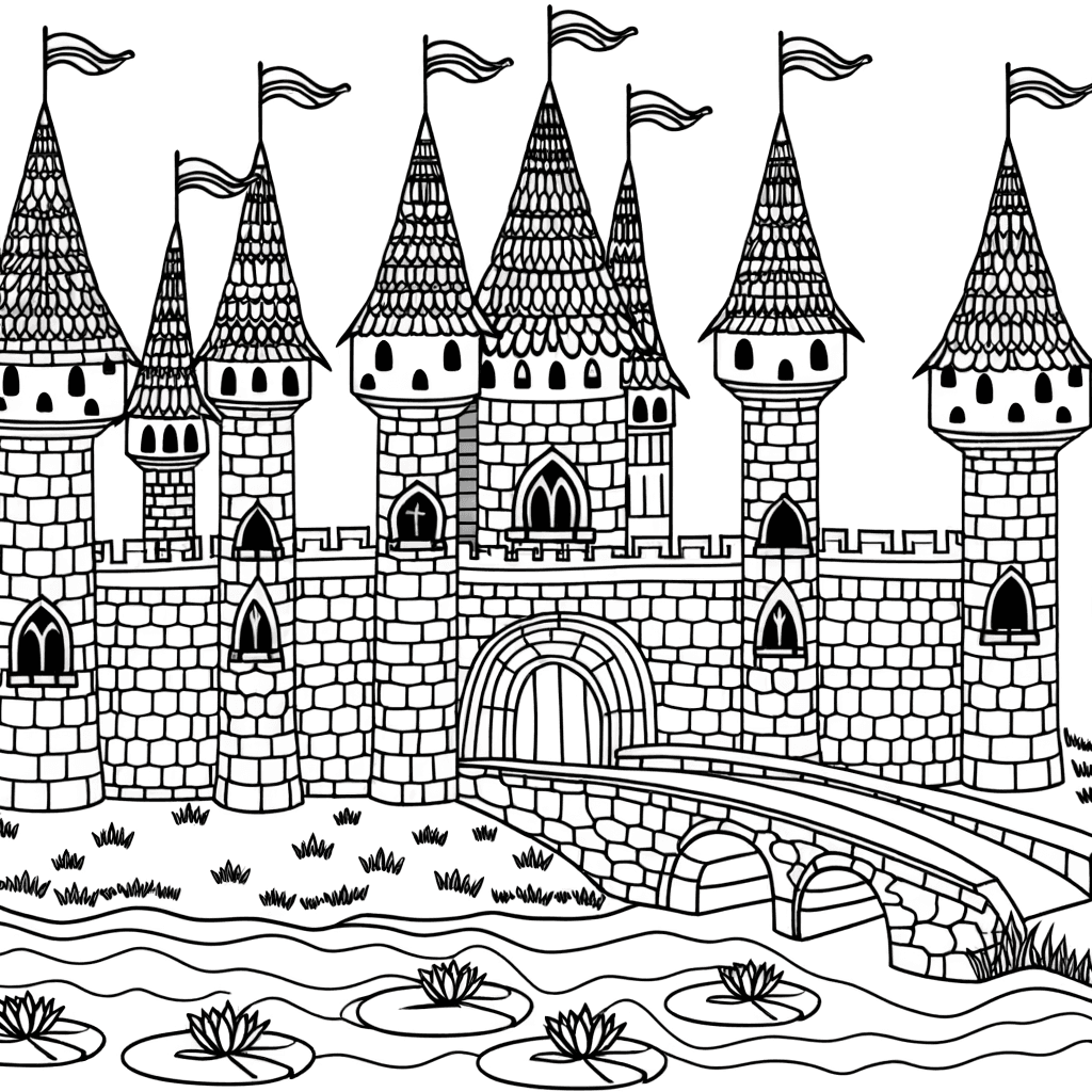 Märchenschloss mit Türmen und Zugbrücke Ausmalbild