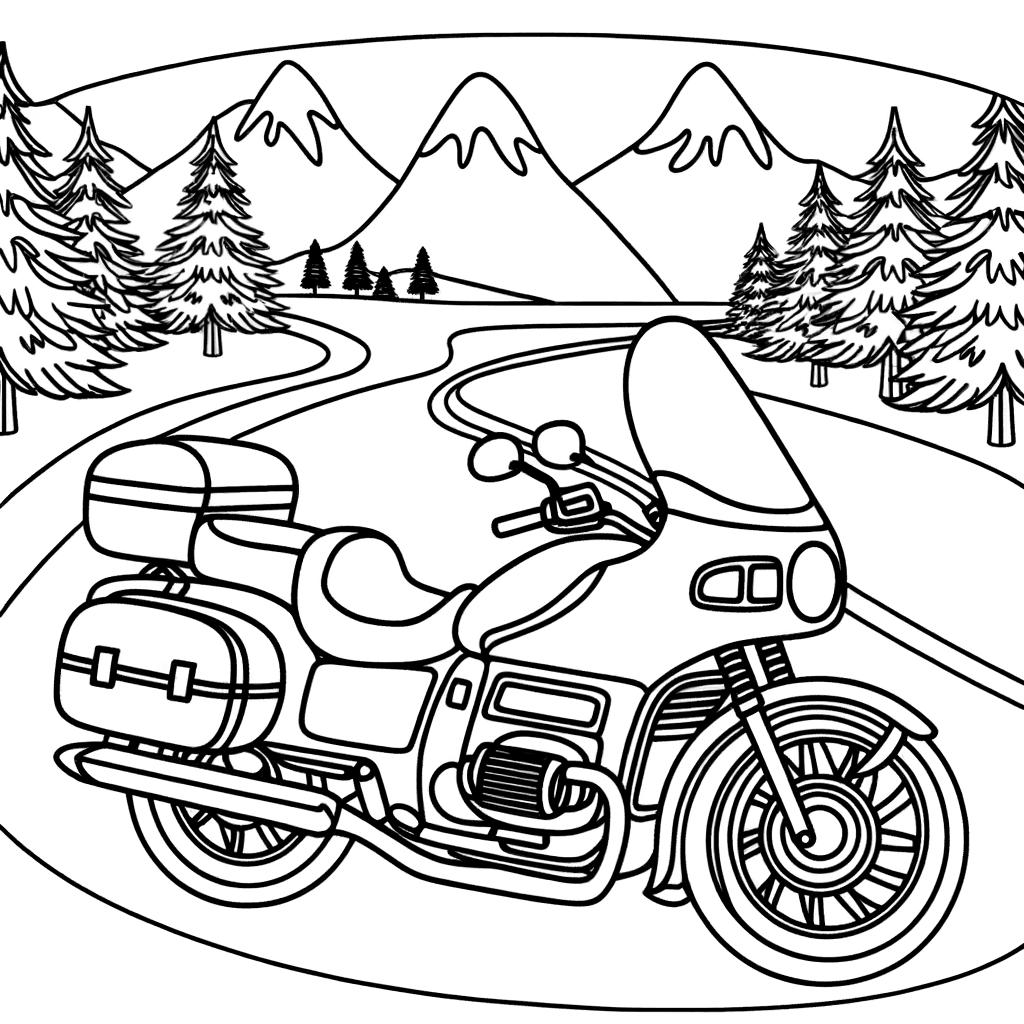 Ausmalbild: Reise-Motorrad auf Passstraße