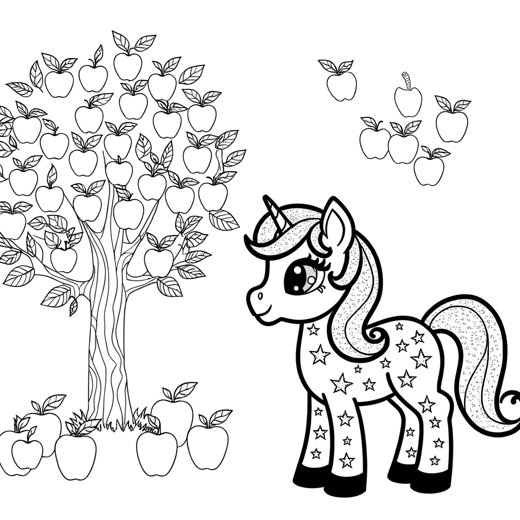Magisches Pony am Apfelbaum: Ausmalbild mit Sternen