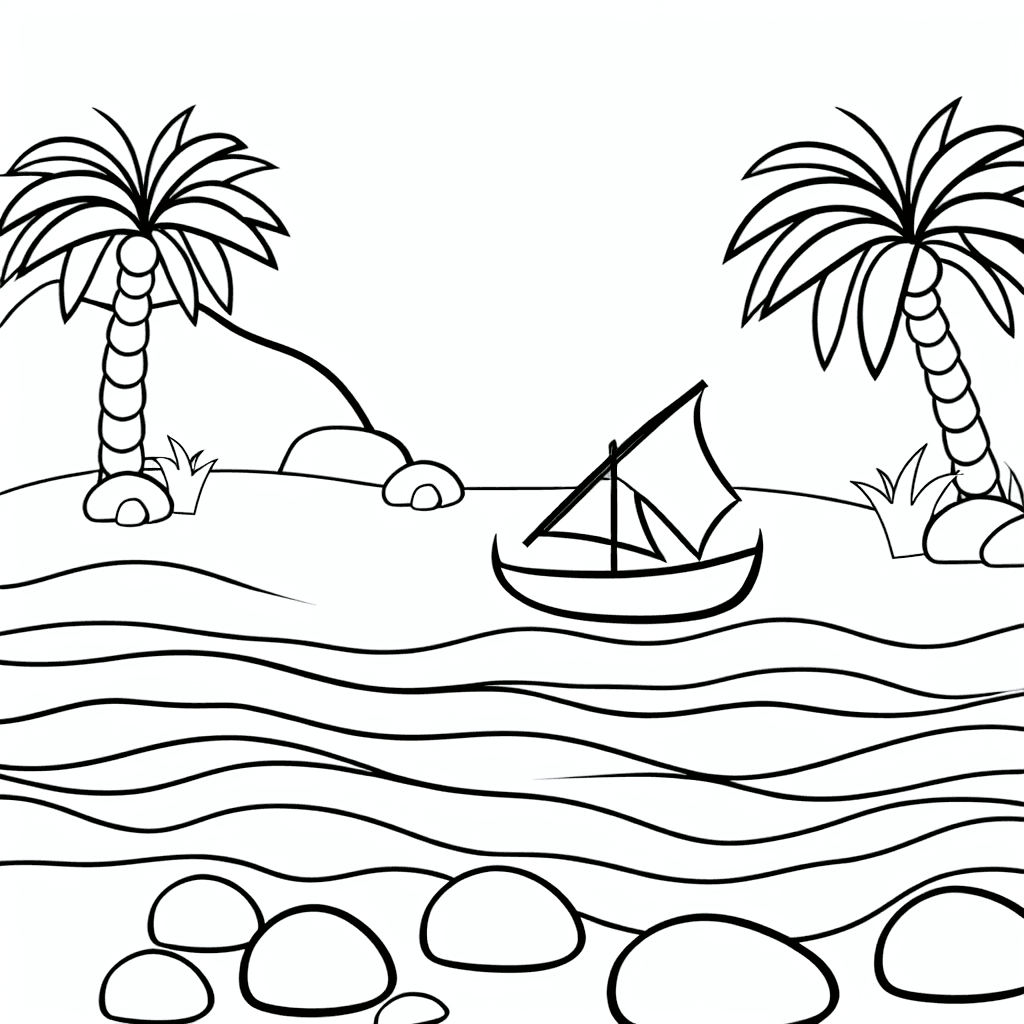 Ausmalbild Nil mit Kahn und Palmen