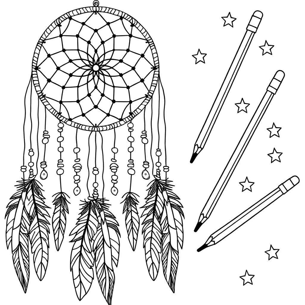 Detailed Dreamcatcher with Stars & Feathers - Coloring Page for Adults