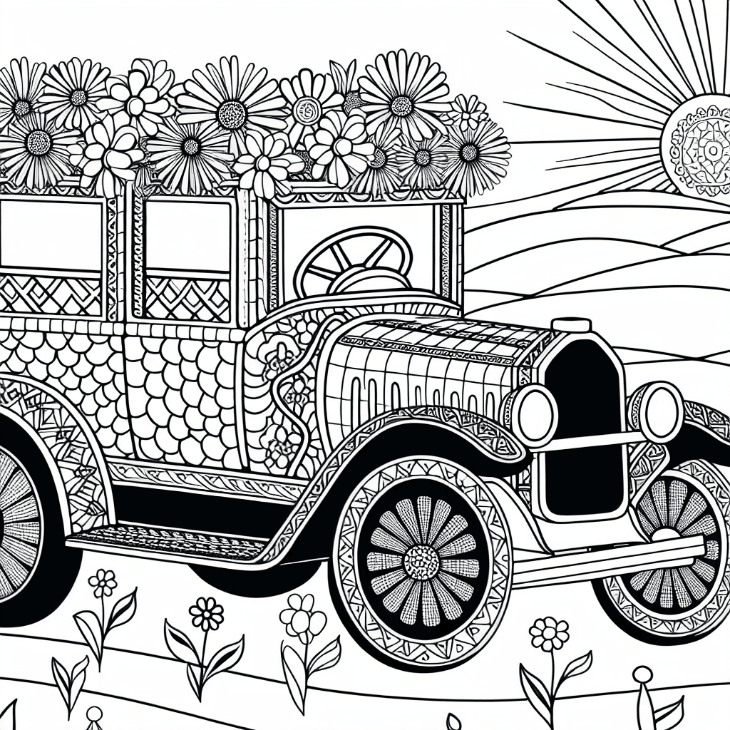 Colorful VW Bus with Flowers to Color