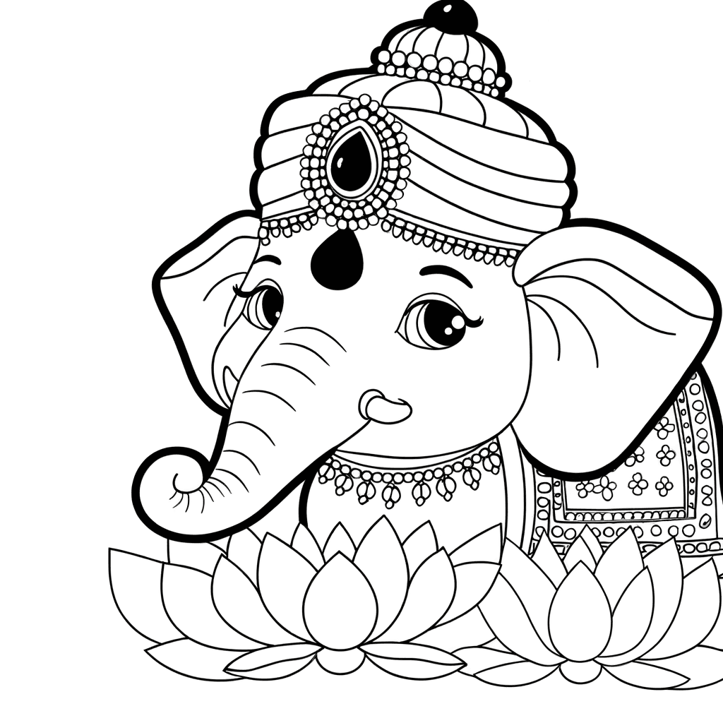 Éléphant Indien et Fleurs de Lotus à colorier