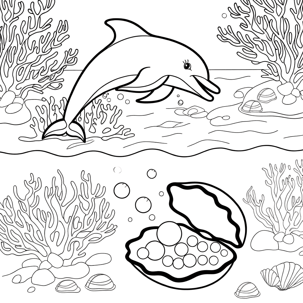 Delfin findet Perle in Muschel: Ausmalbild