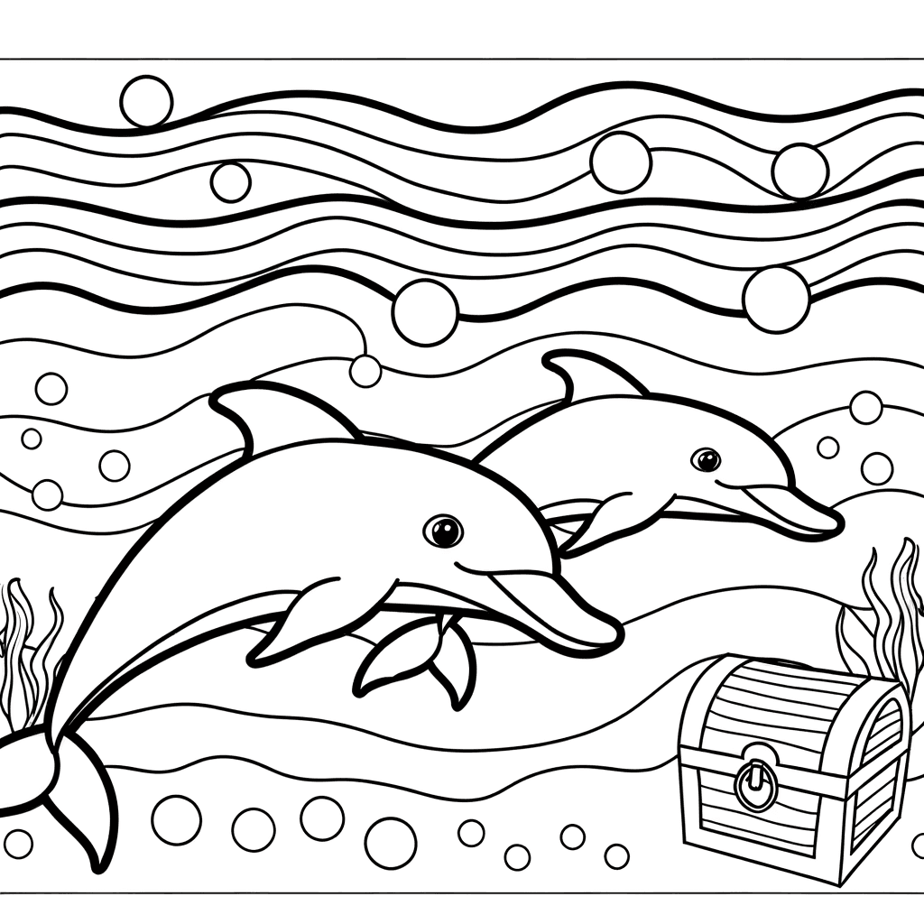 Zwei Delfine und Schatzkiste in der Unterwasserwelt
