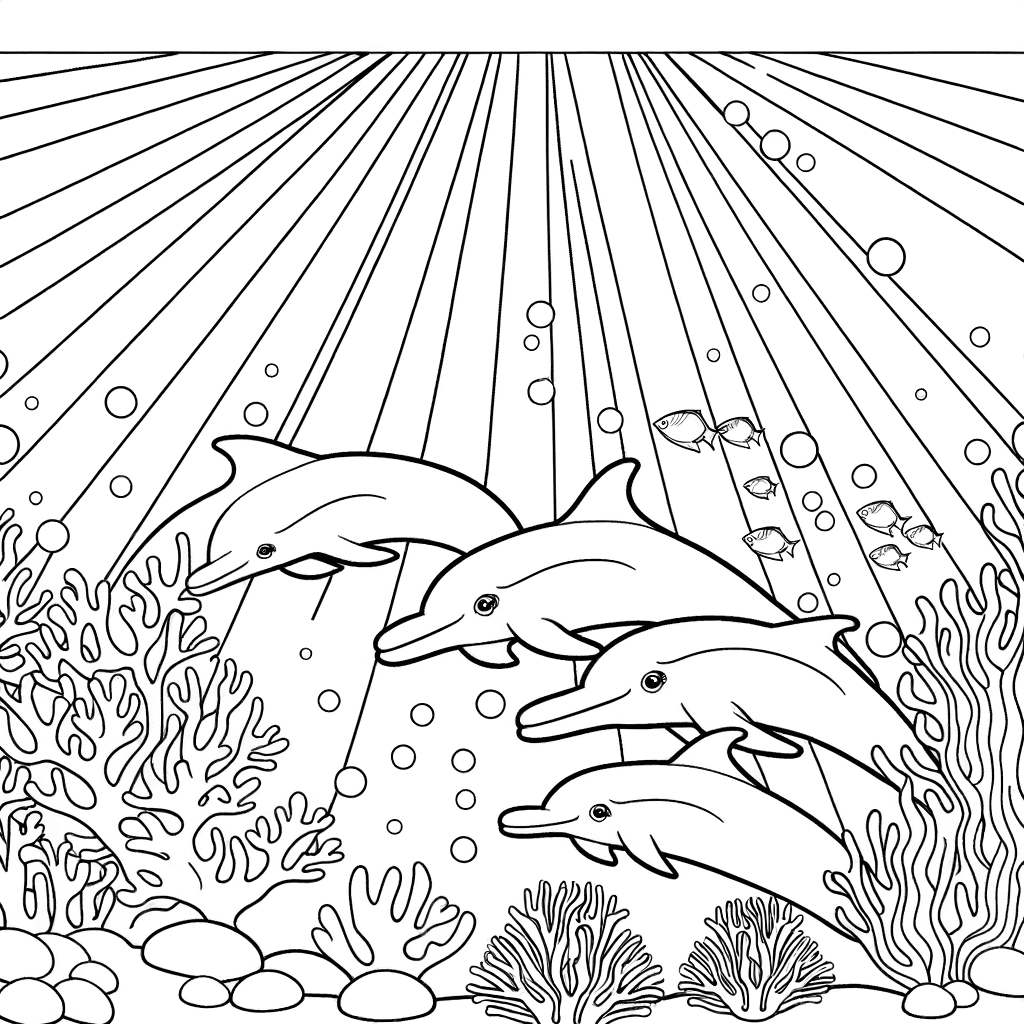 Familia de delfines en el arrecife de coral Dibujo para colorear