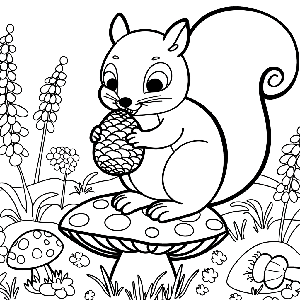 Dibujo de Ardilla sobre una Seta en el Bosque para Colorear