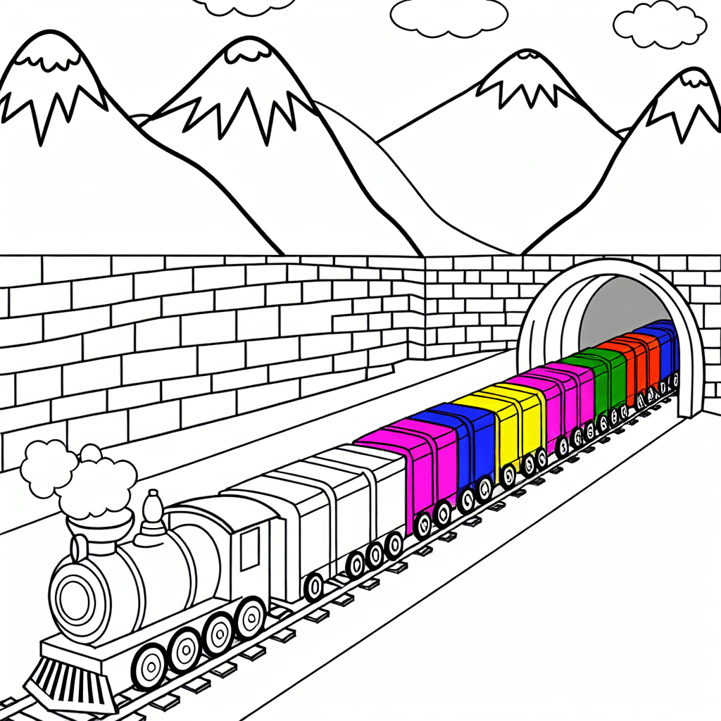Dessin à colorier: Train coloré dans un tunnel