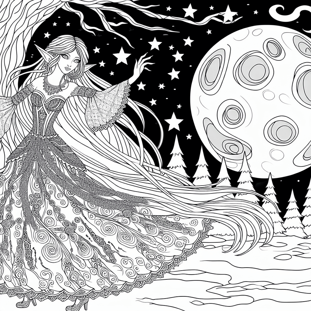 Tanzende Elfe im Mondlicht Ausmalbild