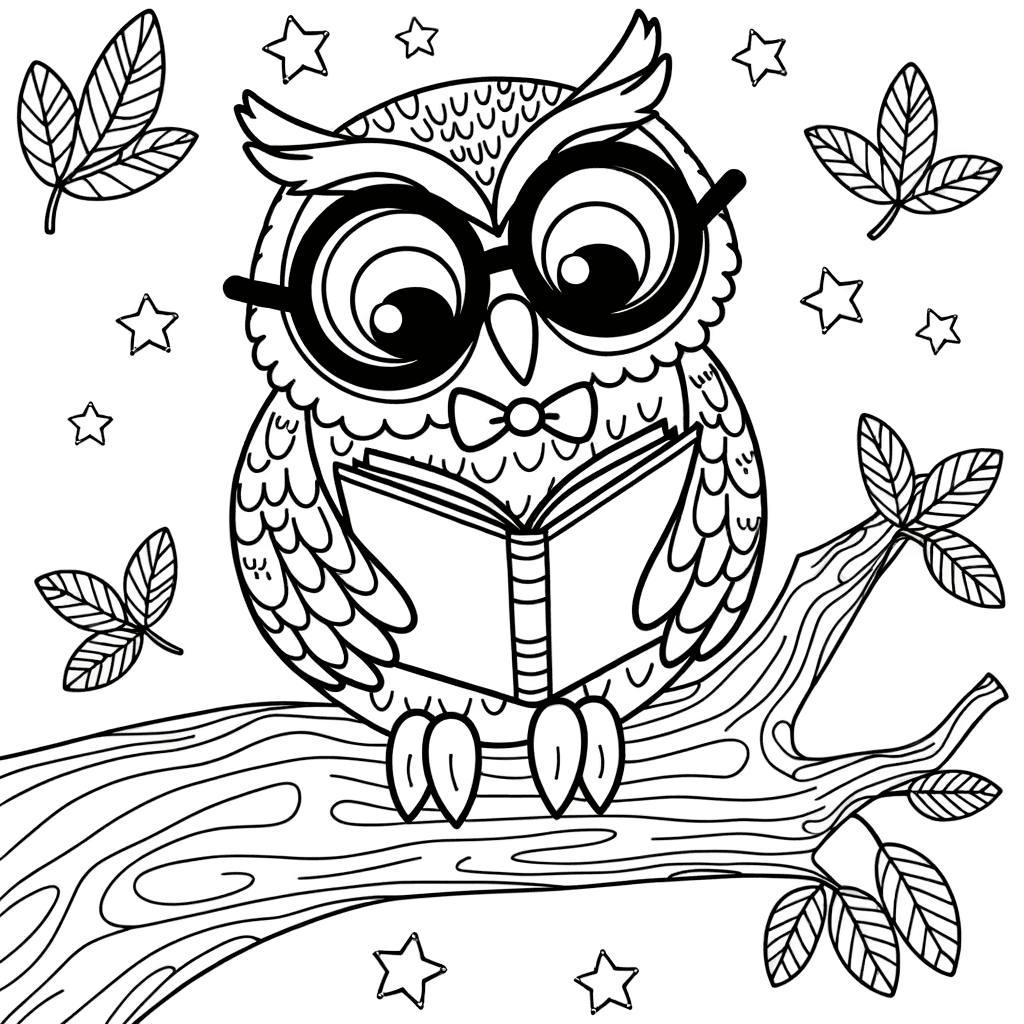 Smart Owl with Glasses Reading a Book Coloring Page