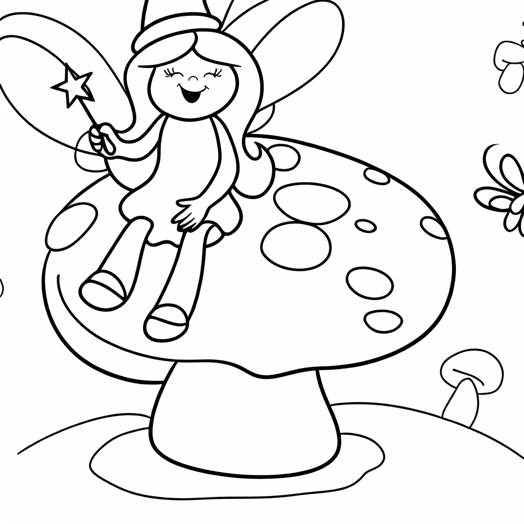 Fröhliche Fee auf dem Pilz Ausmalbild