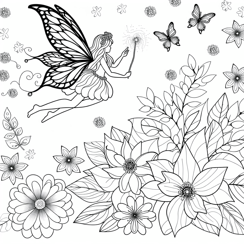 Fee im Garten mit Blumen und Schmetterlingen