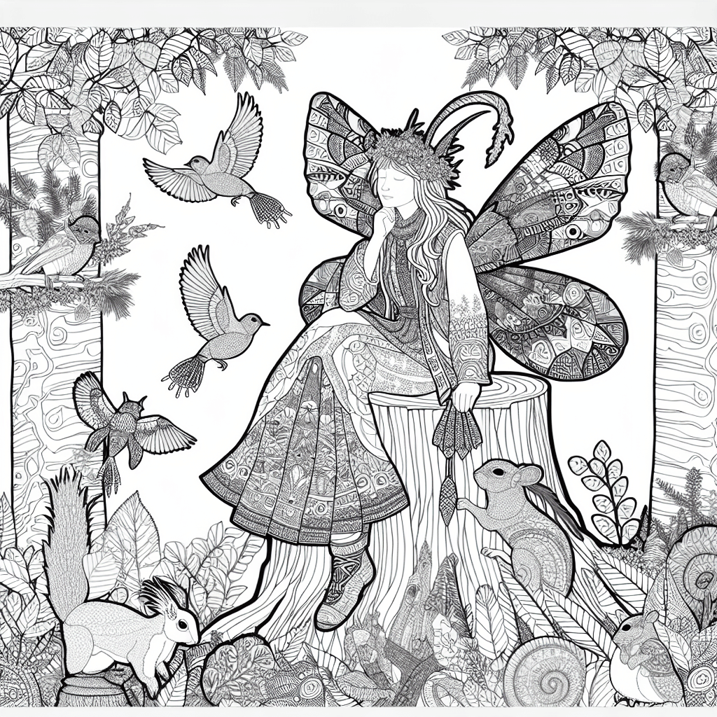 Waldfee auf Baumstamm Ausmalbild