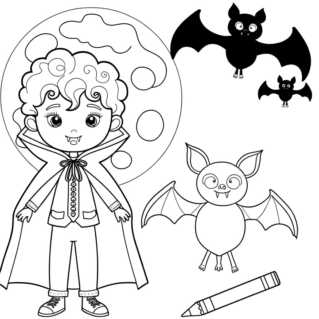 Coloriage : Petit vampire avec son amie la chauve-souris