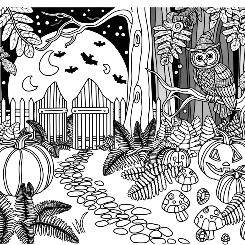 Bosque Mágico de Halloween: Sendero con Calabazas y Búho