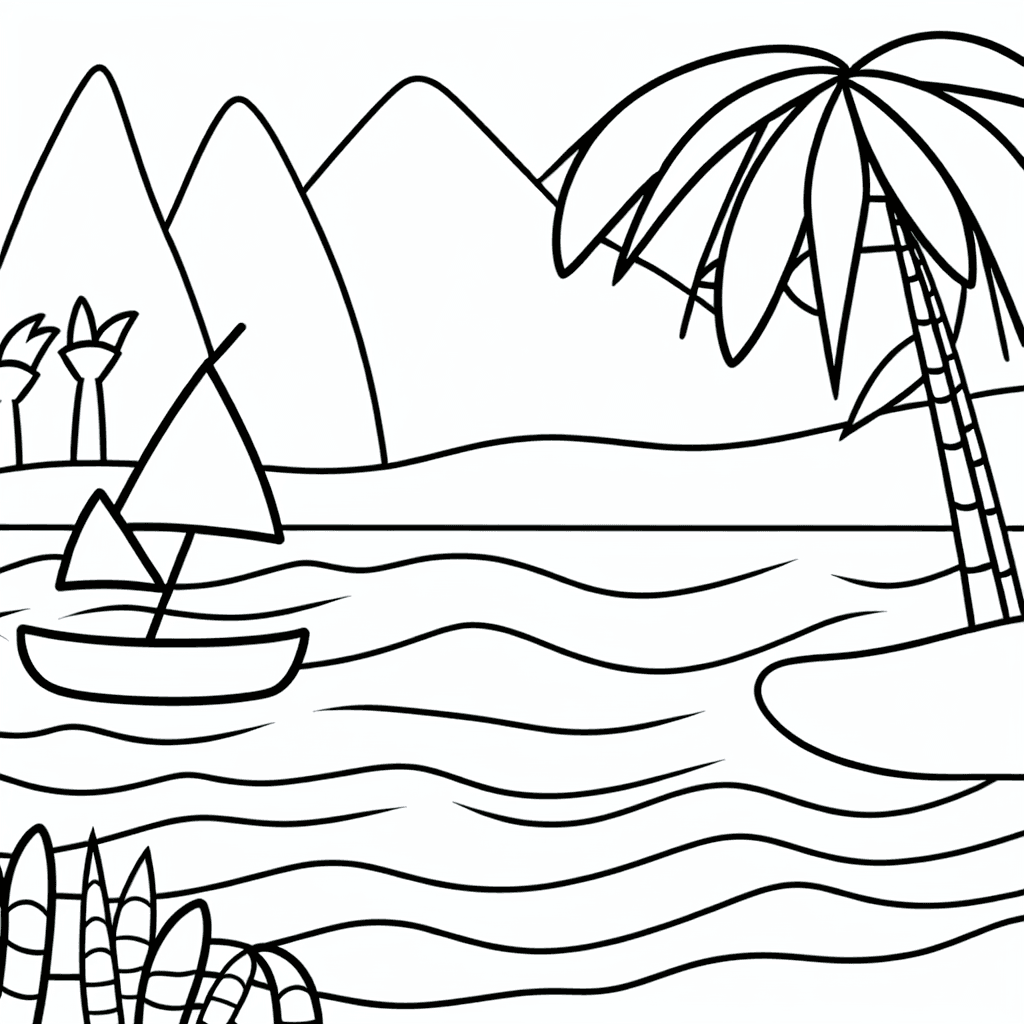 Ausmalbild: Nil mit Kahn und Palmen