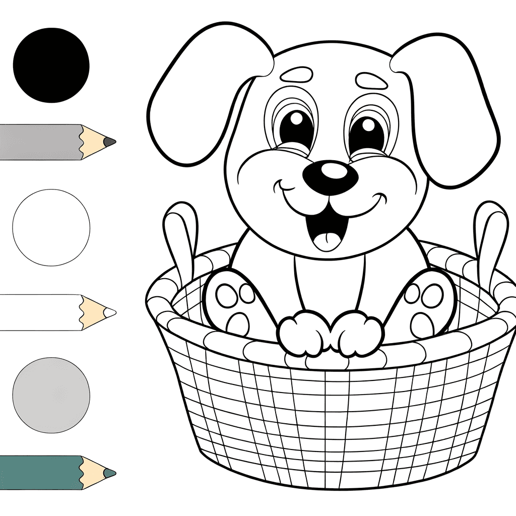 Süßer Welpe im Körbchen Ausmalbild