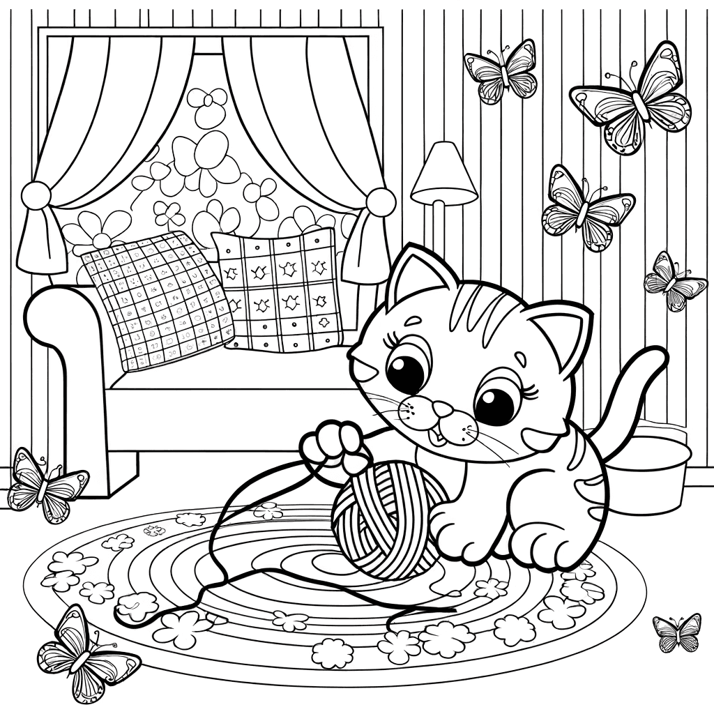 Kätzchen mit Wollknäuel und Schmetterlingen