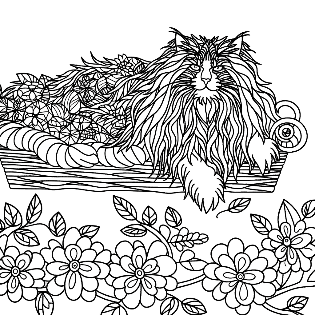 Chat à poils longs majestueux dans un panier de fleurs