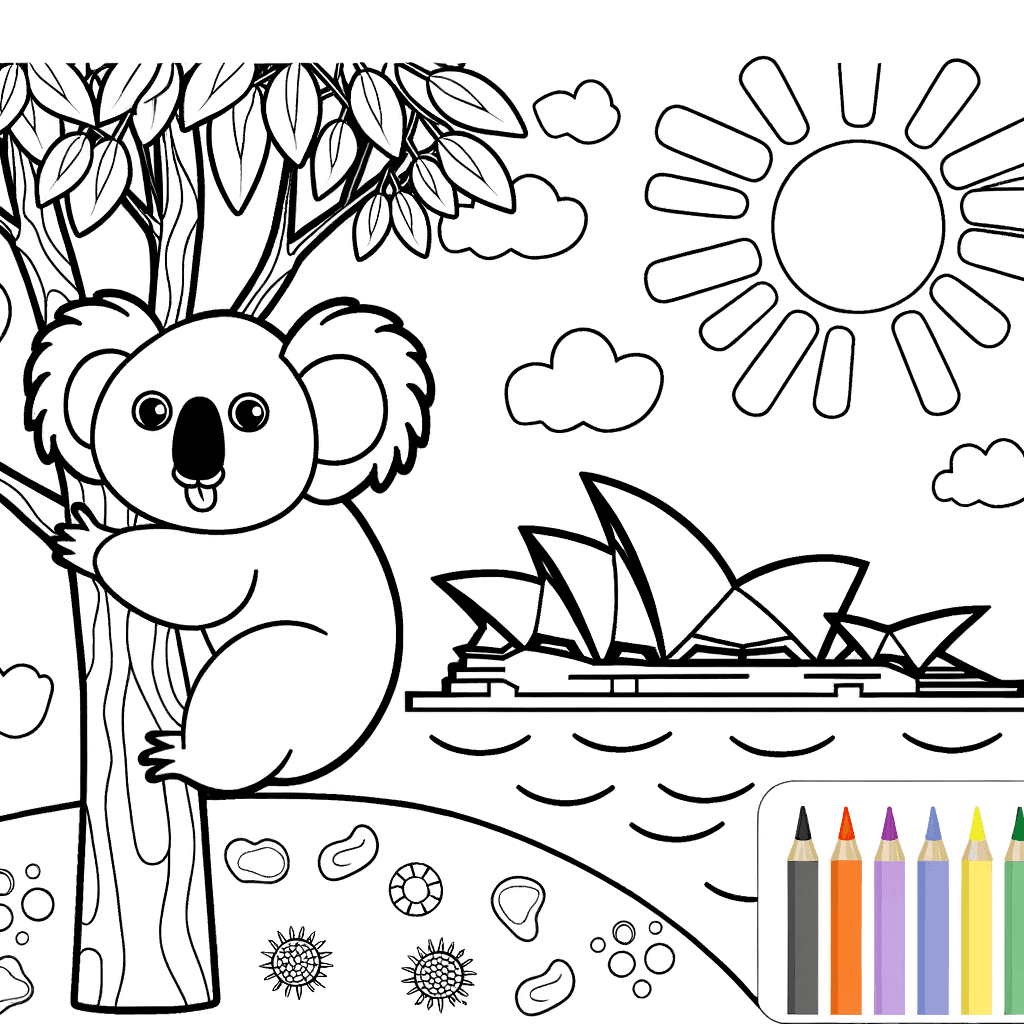 Ausmalbild: Koala in Sydney mit Opernhaus