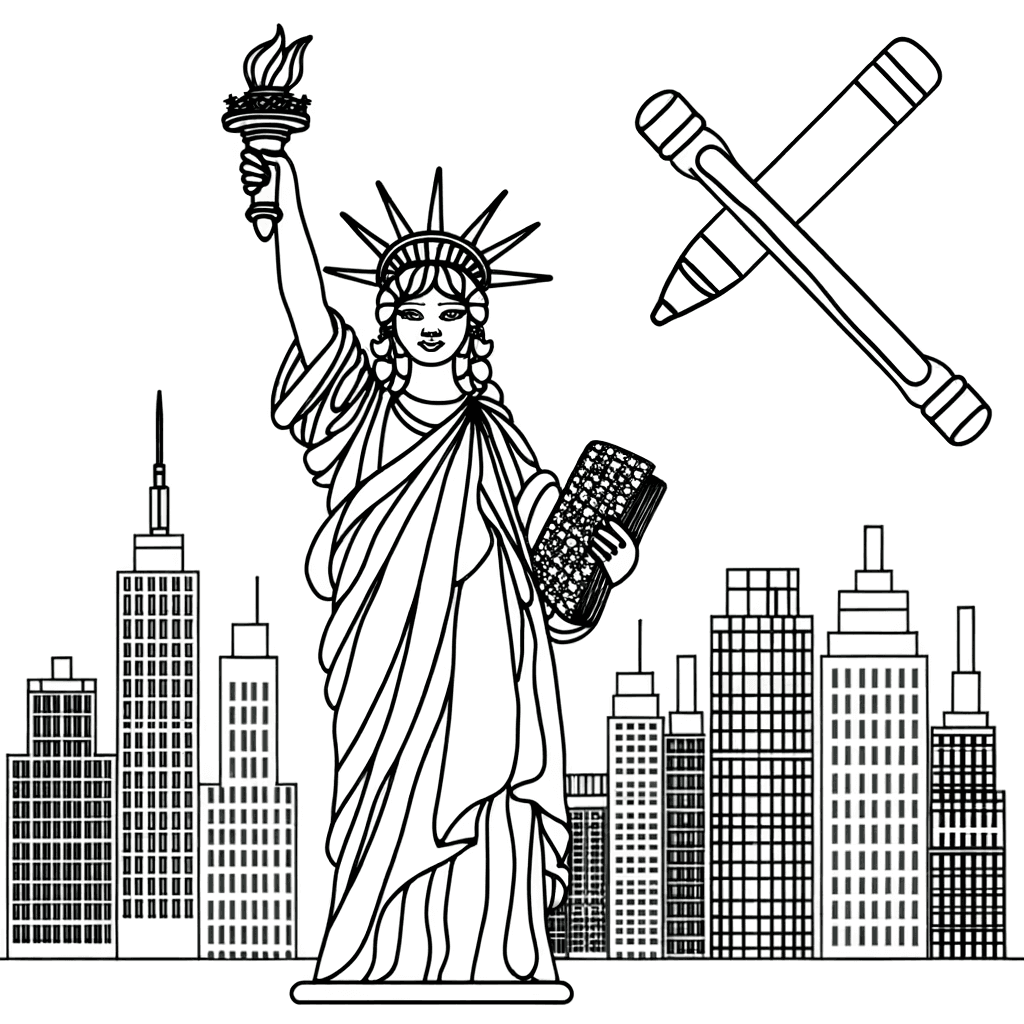 Ausmalbild Freiheitsstatue New York City Skyline
