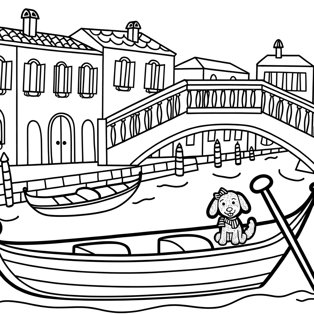 Ausmalbild: Venezianische Gondel mit Hund in Italien