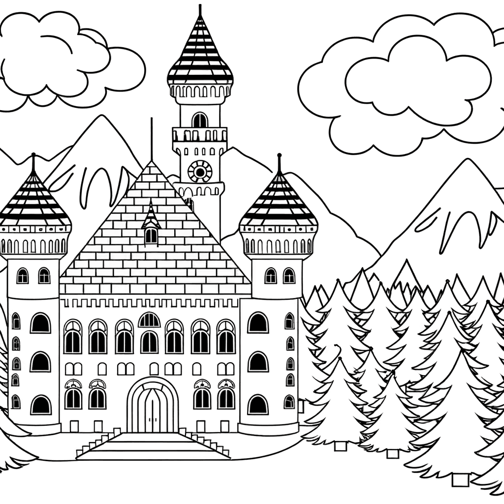Ausmalbild Märchenschloss in den bayerischen Alpen