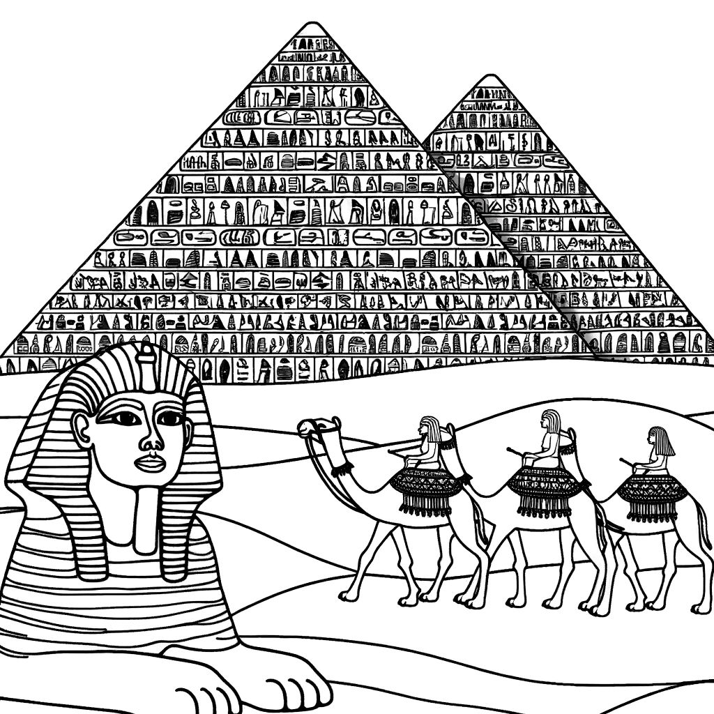 Ausmalbild: Pyramiden von Gizeh und Sphinx in Ägypten