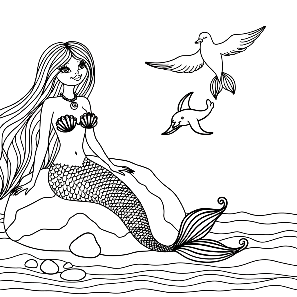 Meerjungfrau auf Felsen mit Delfin und Möwe