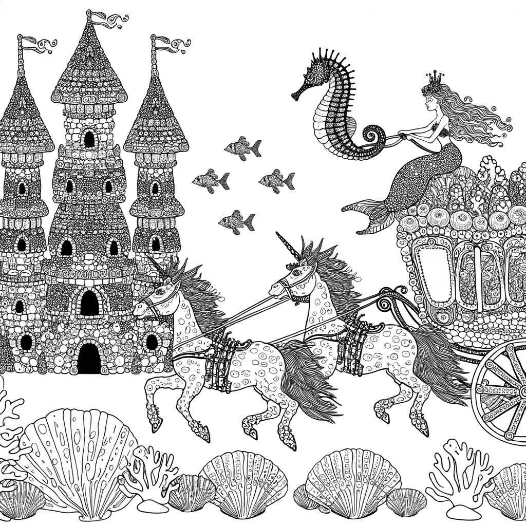 Meerjungfrau-Kutsche vor Korallenschloss: Detailreiches Ausmalbild