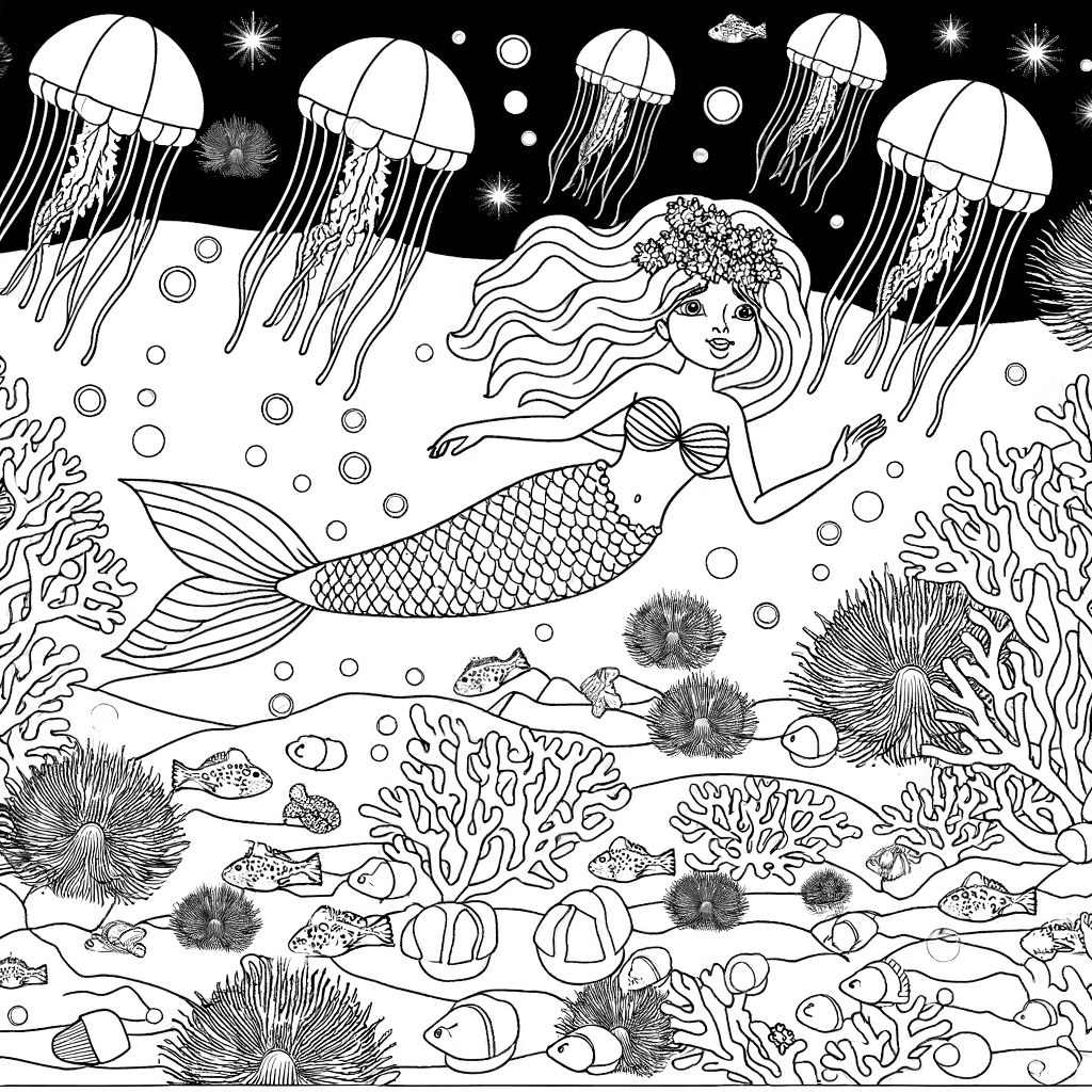 Magische Meerjungfrau im Korallengarten bei Nacht