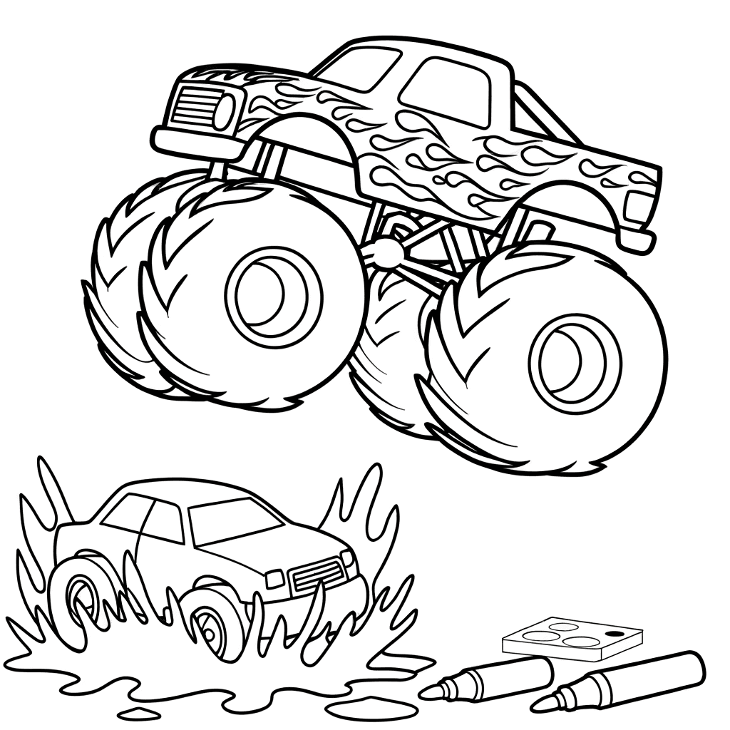 Ausmalbild: Monstertruck-Sprung über Schrottautos mit Flammen