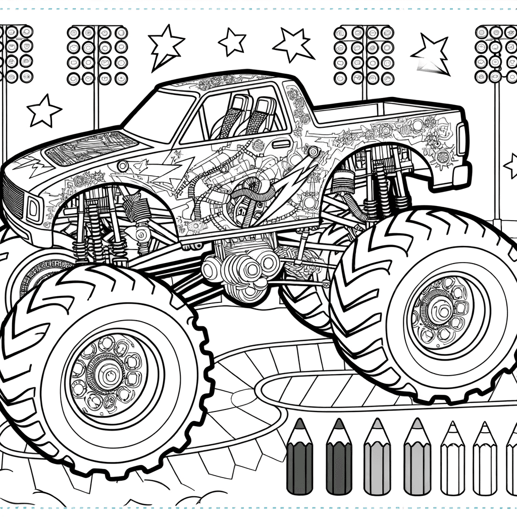 Detaillierter Monstertruck in Action: Explosionszeichnung Malvorlage