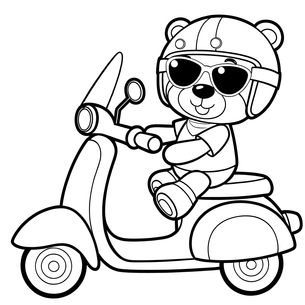 Teddybeer op scooter kleurplaat