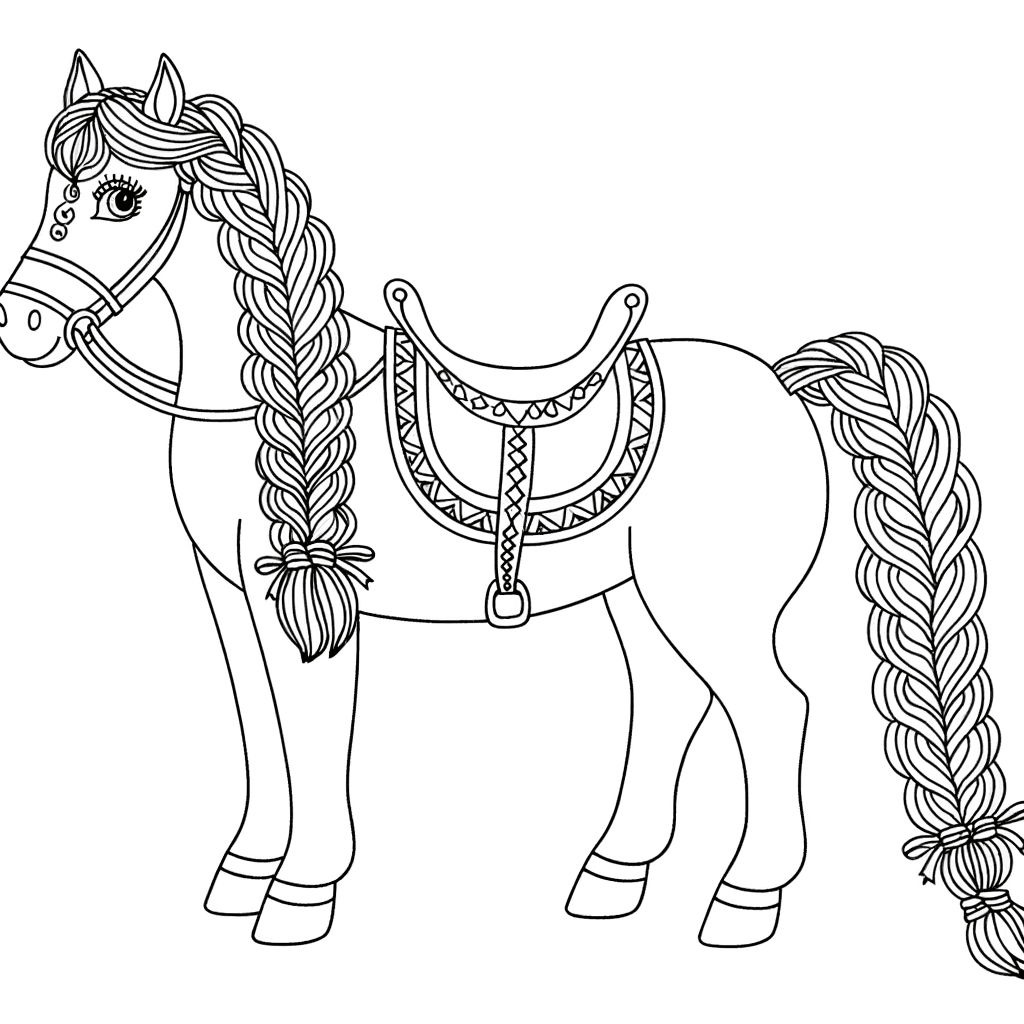 Caballo orgulloso con crines trenzadas y silla
