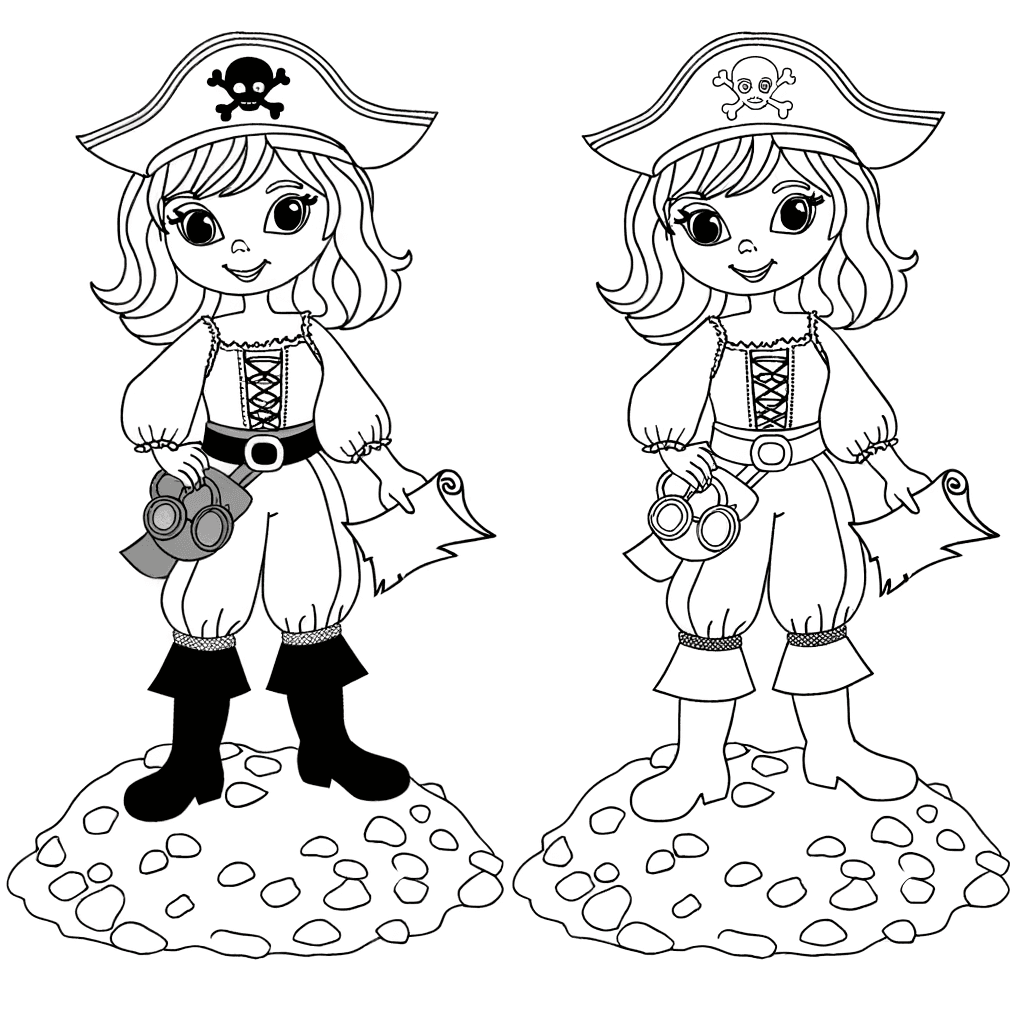 Piratenmädchen mit Schatzkarte zum Ausmalen