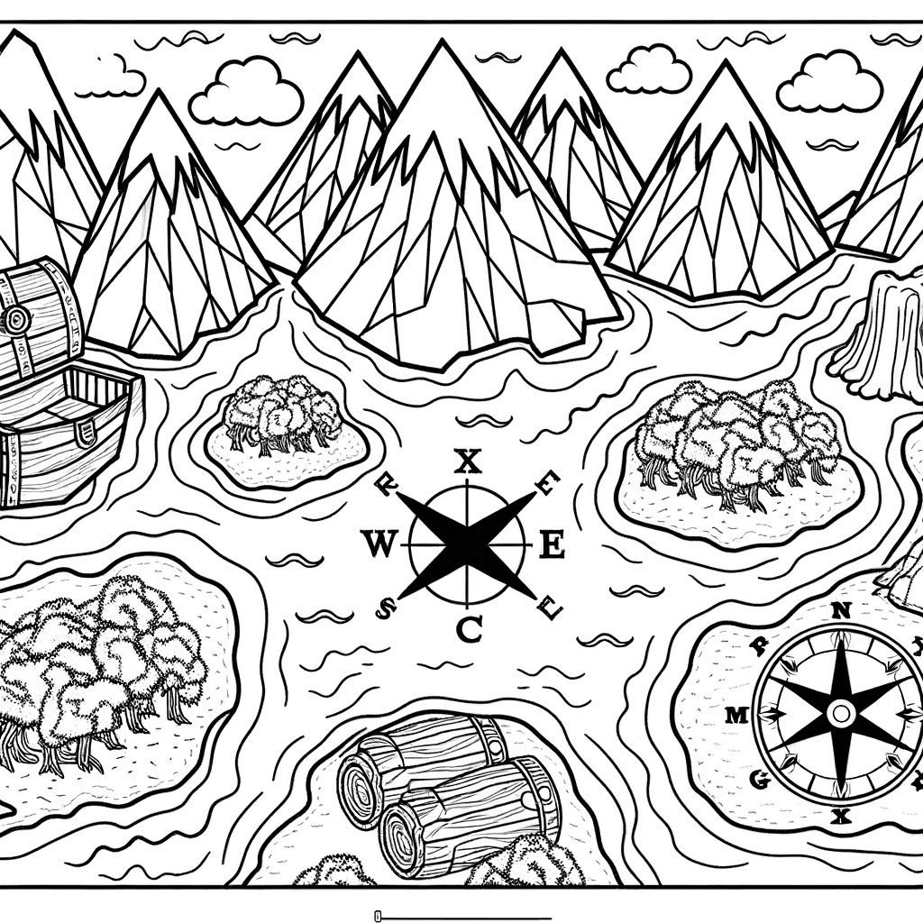 Komplexe Piraten-Schatzkarte zum Ausmalen