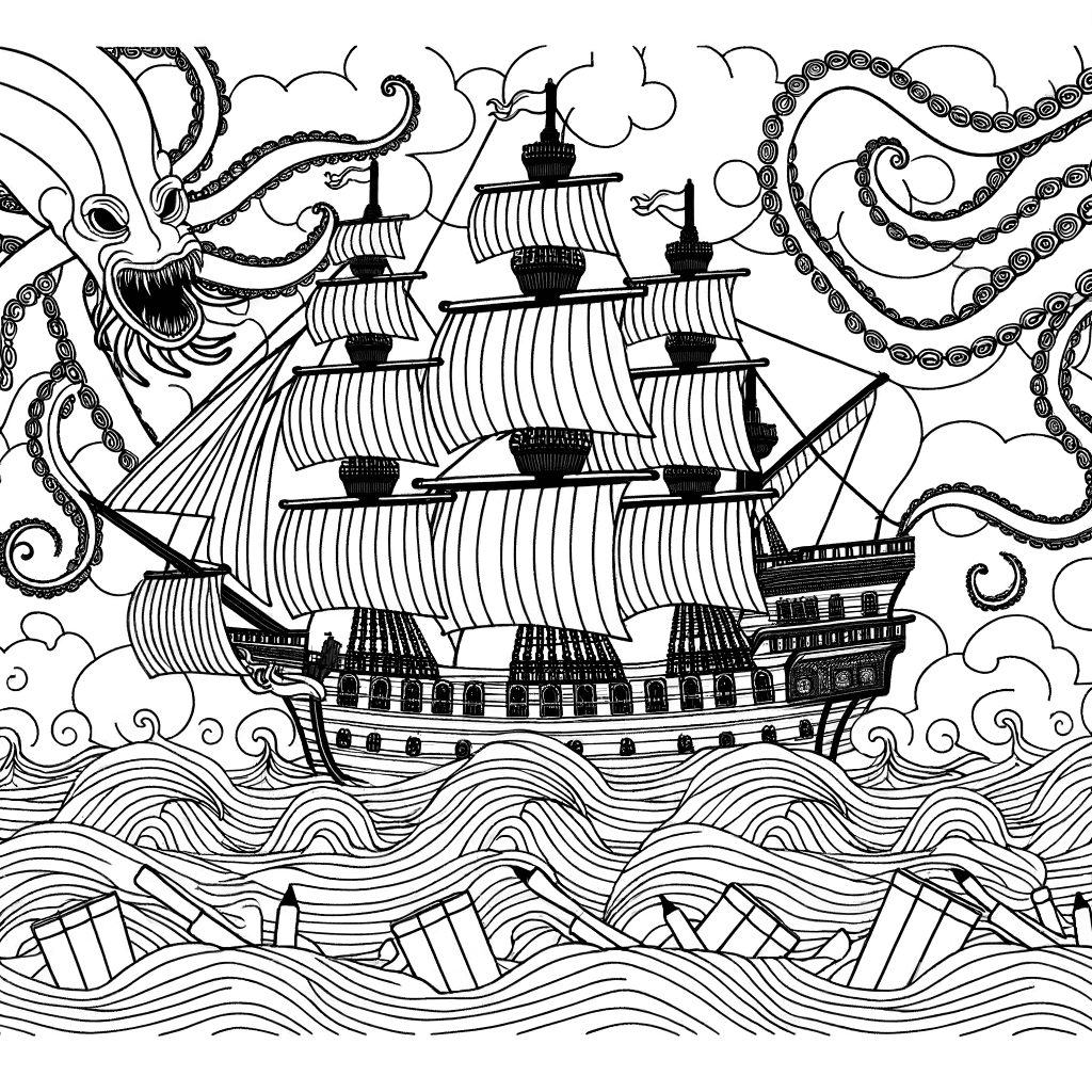 Piratenschiff gegen Riesen-Kraken Ausmalbild