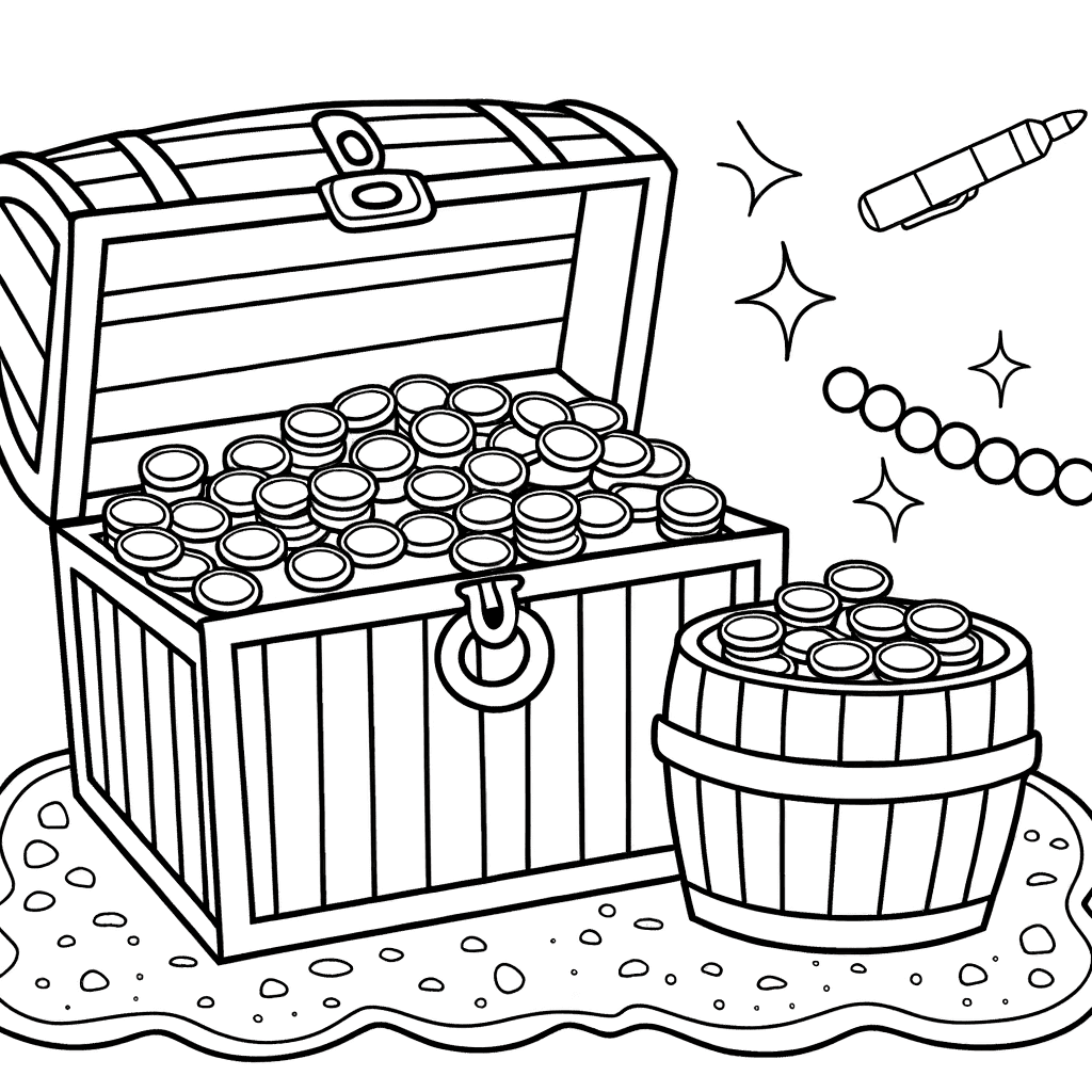Ausmalbild: Offene Schatztruhe mit Goldmünzen