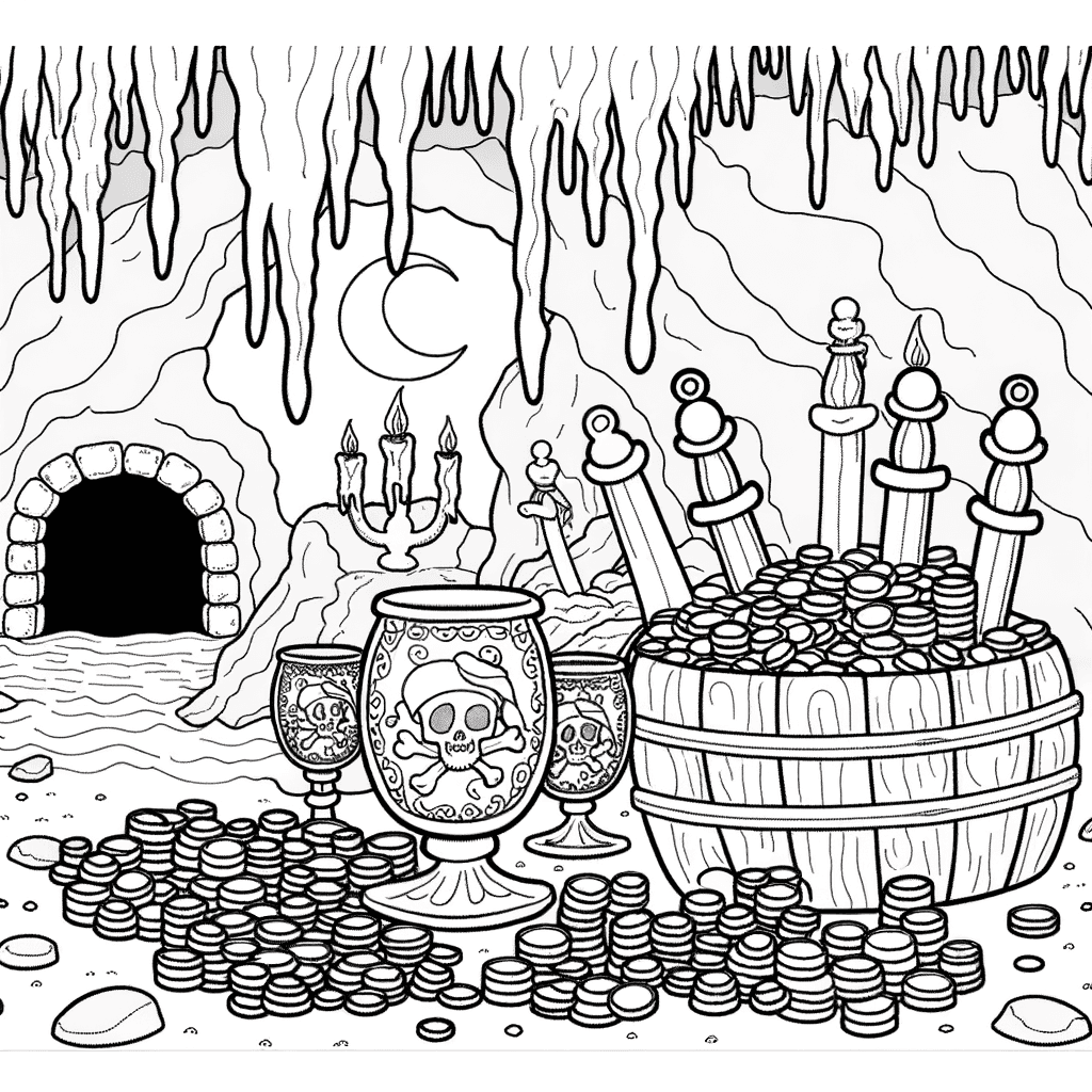 Geheime Piratenhöhle mit Schatz – Ausmalbild
