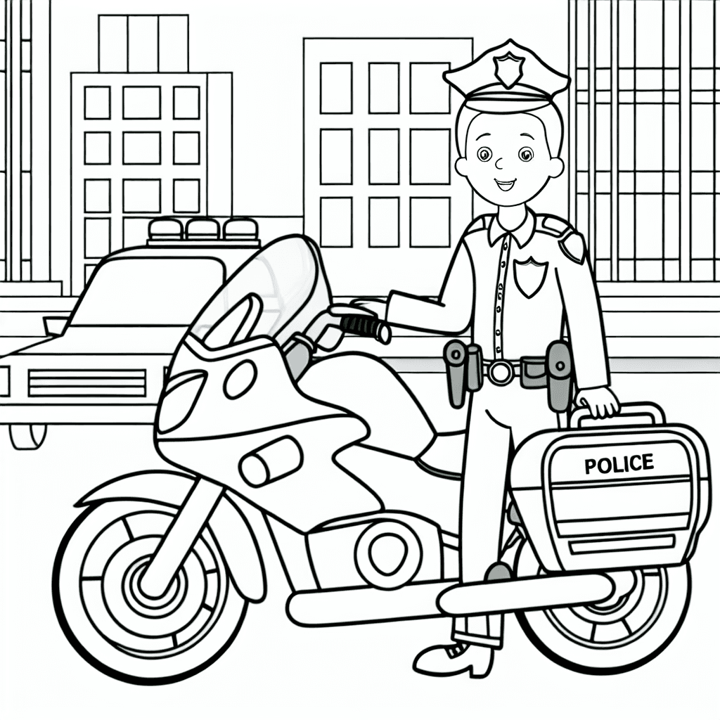 Kleurplaat van politie-motor in de stad