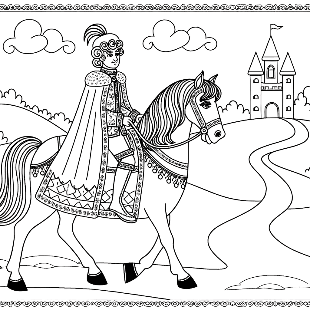 Prins op een trots paard bij de kasteeltoren