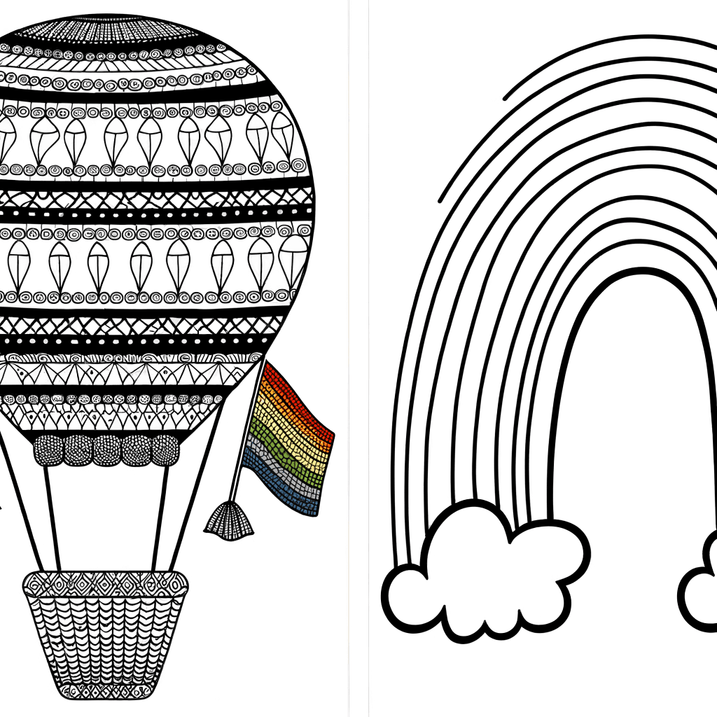 Dibujo para colorear: Globo aerostático bajo el arcoíris