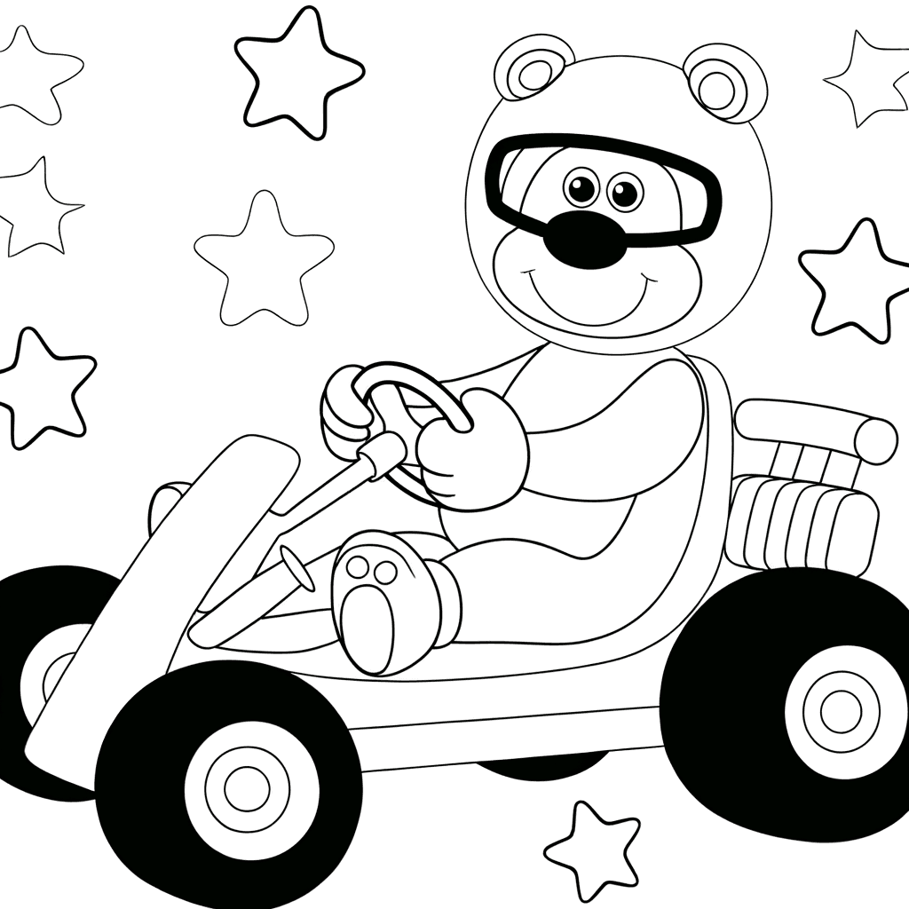 Ausmalbild: Bär im Renn-Go-Kart