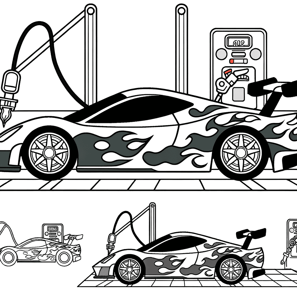Ausmalbild: Moderner Sportwagen mit Flammen auf der Rennstrecke