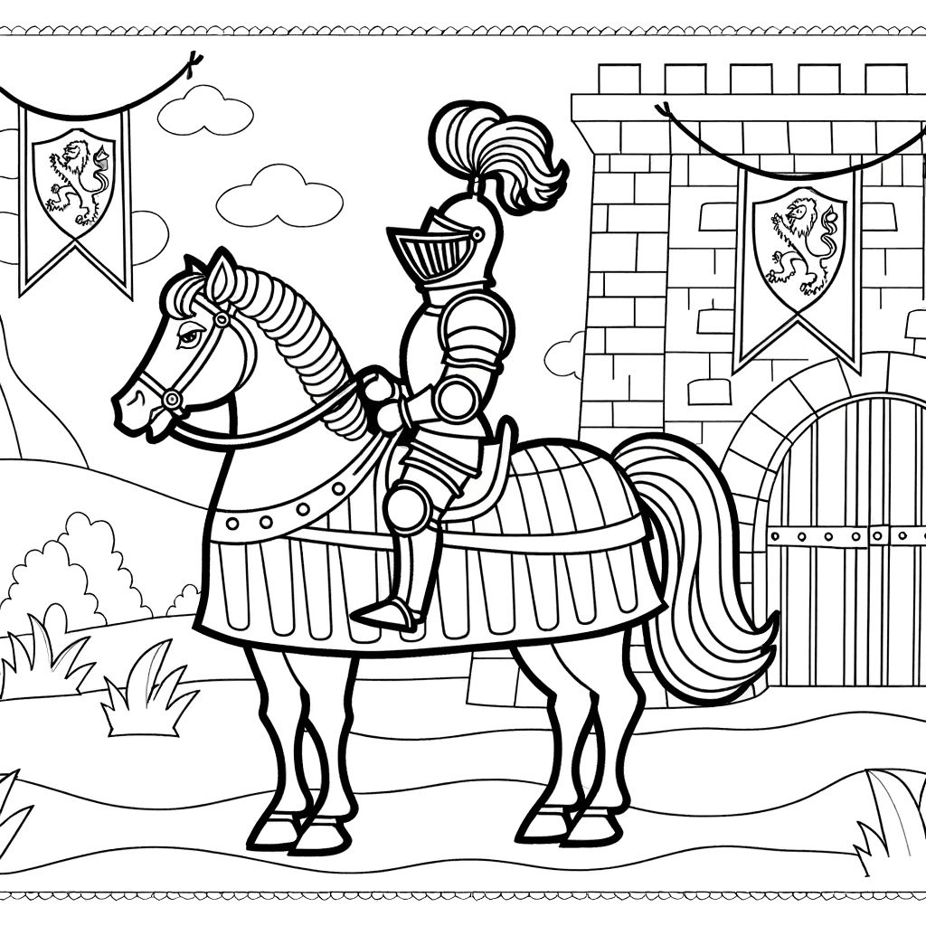 Cavaliere a cavallo davanti al castello da colorare