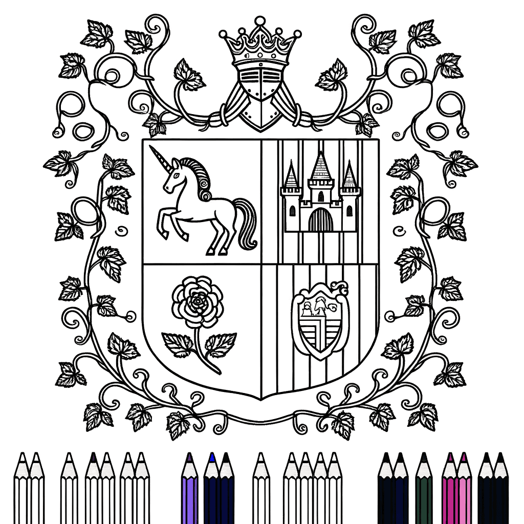 Stemma Cavalleresco con Unicorno e Spada da Colorare
