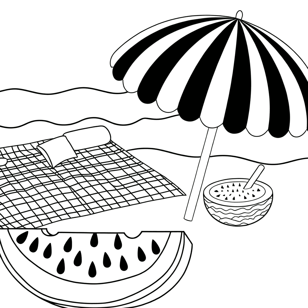 Coloring Page: Cozy Beach Spot with Umbrella & Watermelon