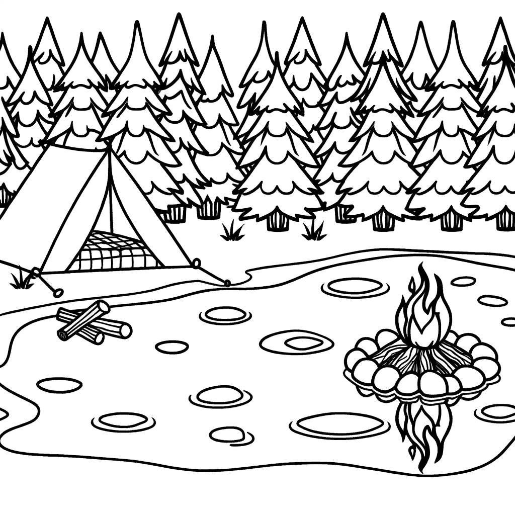 Coloriage Camping dans la Forêt au bord du Lac